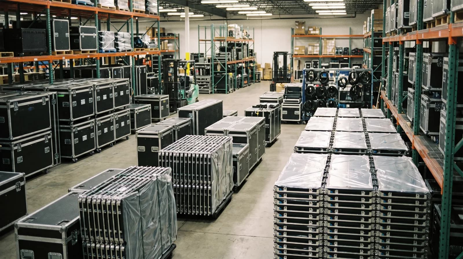 Rows of LED video wall panels and road cases in a rental warehouse