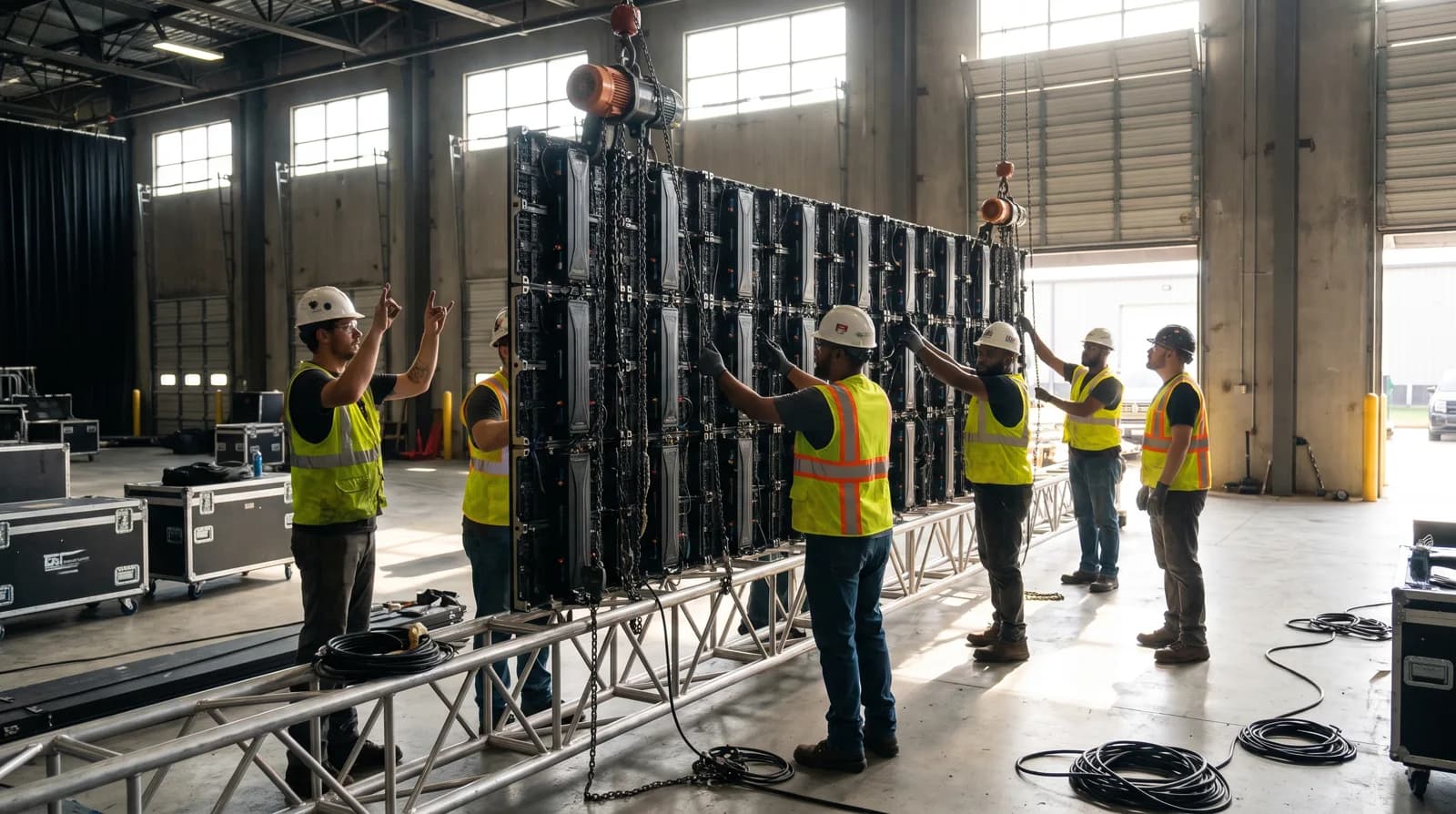 Crew rigging an LED wall with chain motors and truss during load-in
