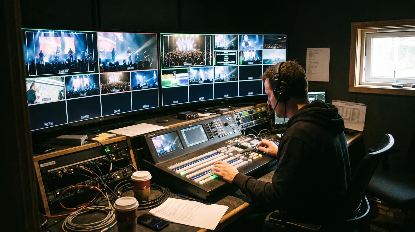 A live-event video control room with a switcher and multi-camera monitors