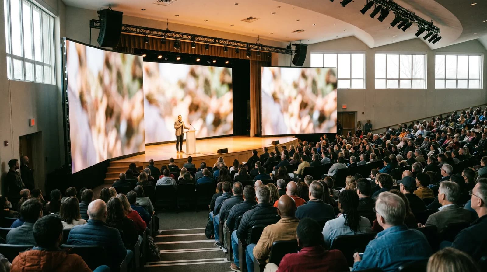 Large IMAG LED screens flanking a speaker on a keynote stage