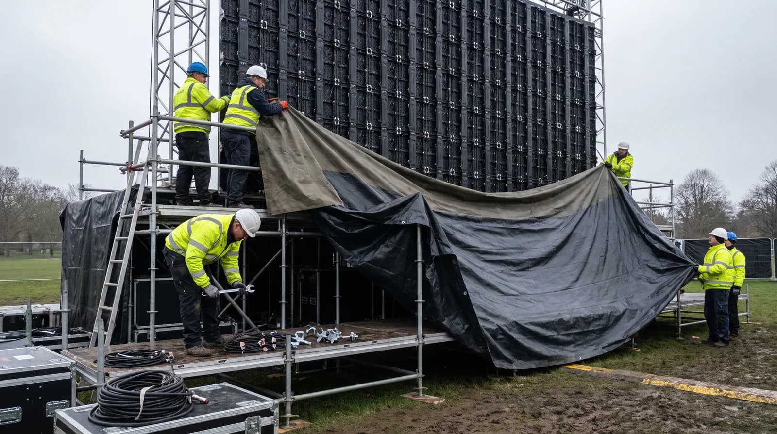 Crew weatherproofing an outdoor LED wall under an overcast sky