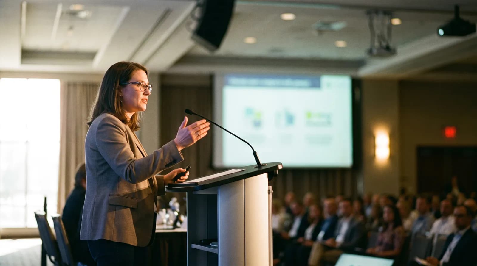 Even, flattering key lighting on a presenter at a corporate keynote