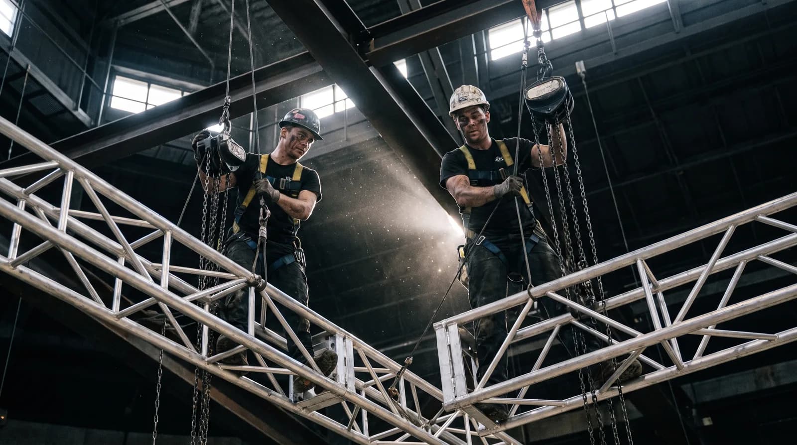 Riggers assembling overhead truss and motors in an arena