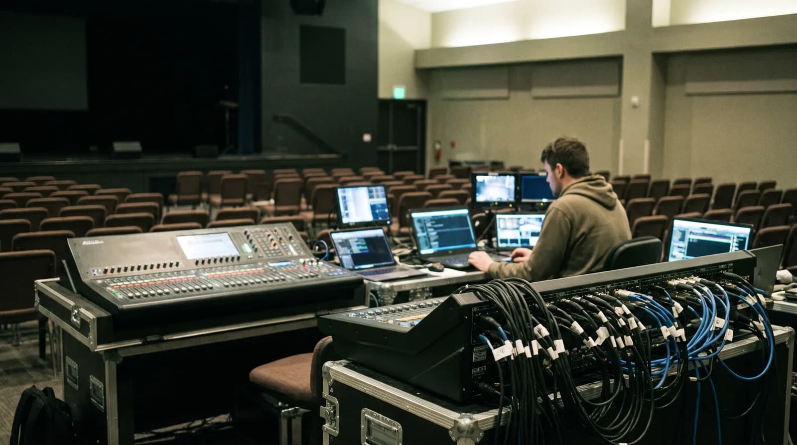 A technician at a front-of-house position with neat labeled cable runs