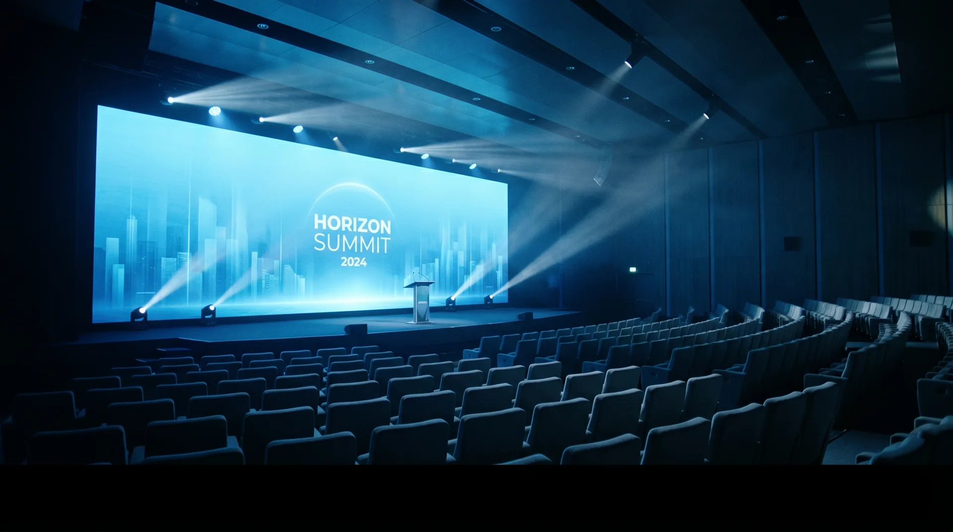 A darkened corporate keynote auditorium with a large blue LED stage backdrop and empty seats