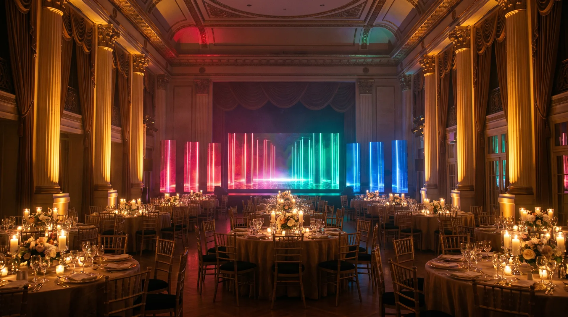 An opulent gala ballroom with jewel-tone LED light columns and candlelit banquet tables