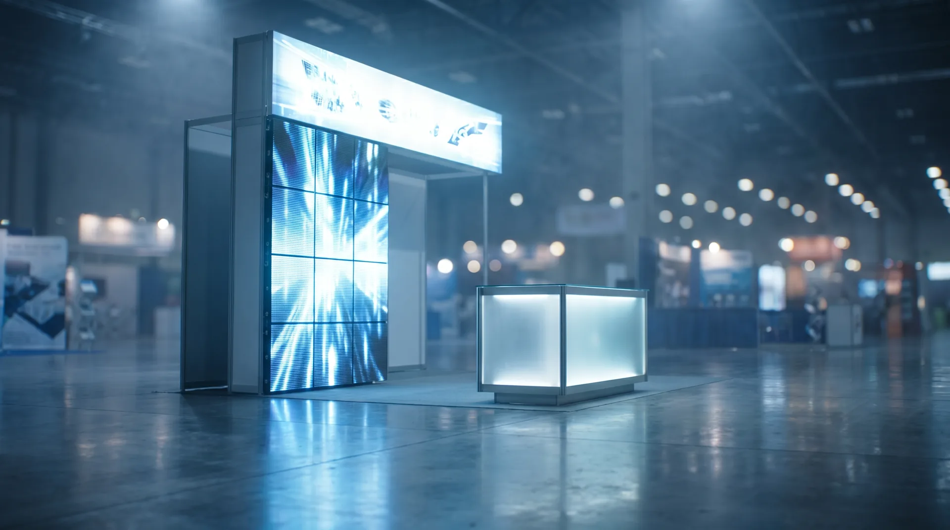 A premium trade show booth with a tall LED wall and a lit branded header on a convention floor