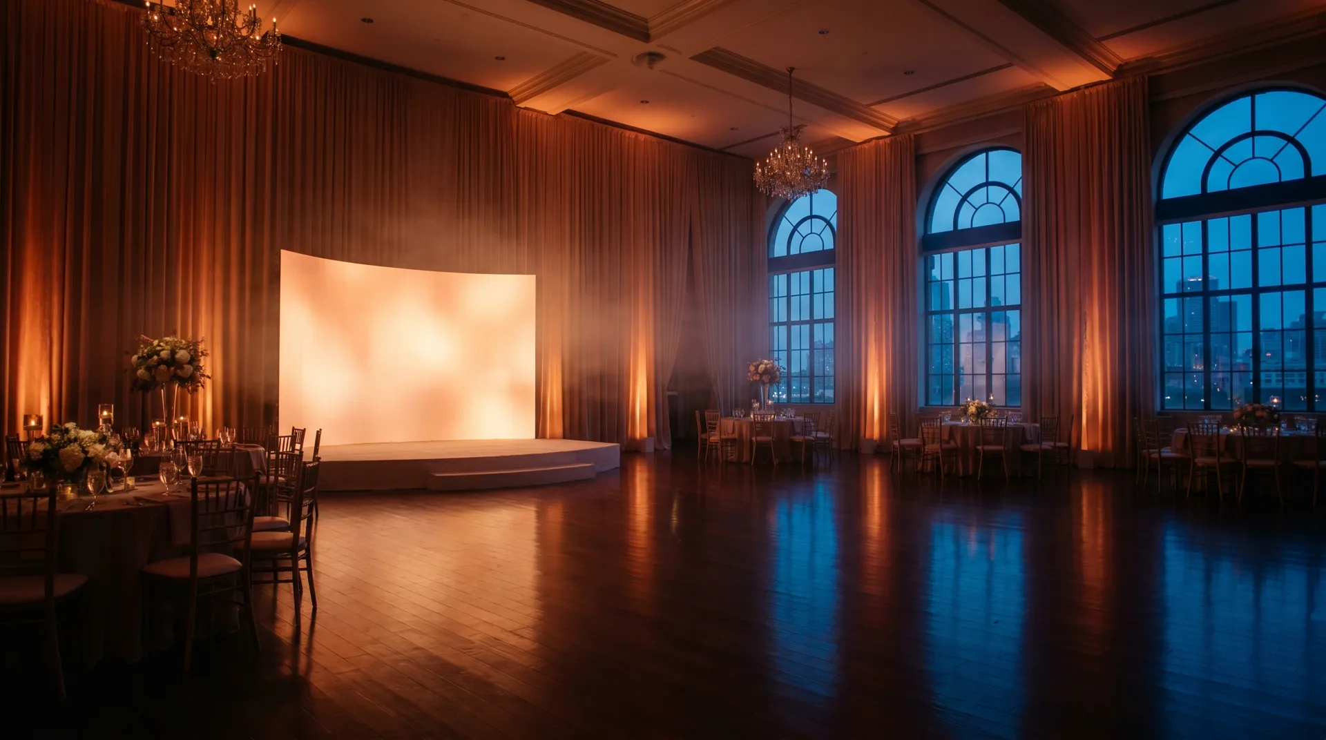 A private celebration lit warmly with an LED backdrop and a full dance floor